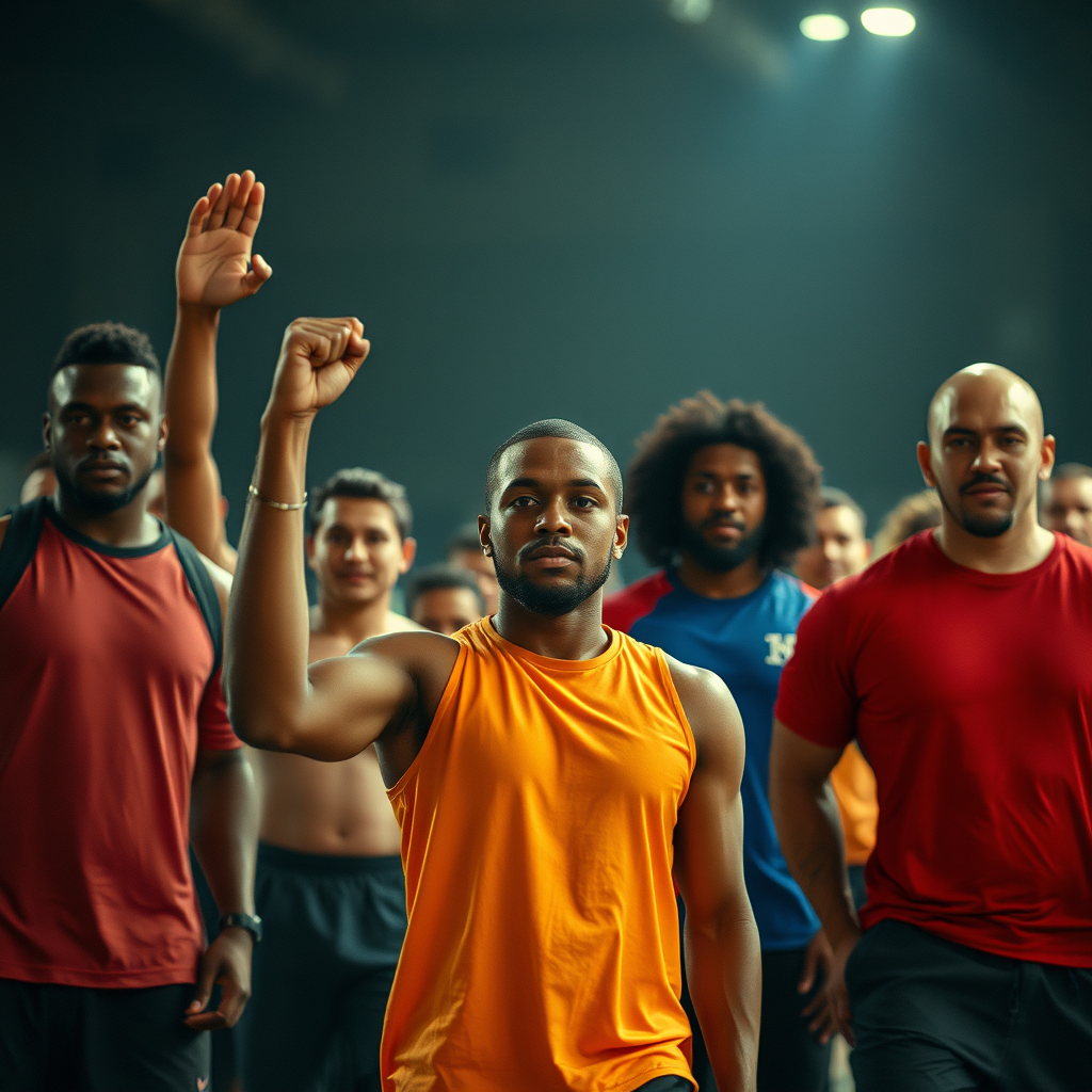 a diverse group of powerful individuals united in a high-energy, motivational setting, embodying strength, discipline, and leadership