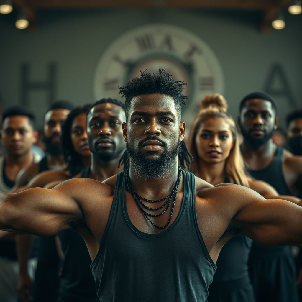 a racially diverse group of men and women representing 'Alphamaniac', embodying physical strength, mental discipline, and leadership, depicted in a bold and empowering style
